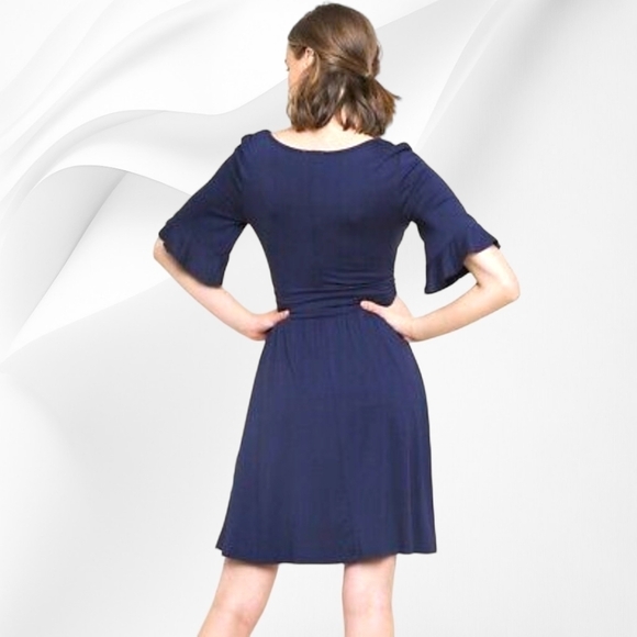 UMGEE - V-Neck Ruffle Sleeve Navy Blue Dress - Picture 2 of 5